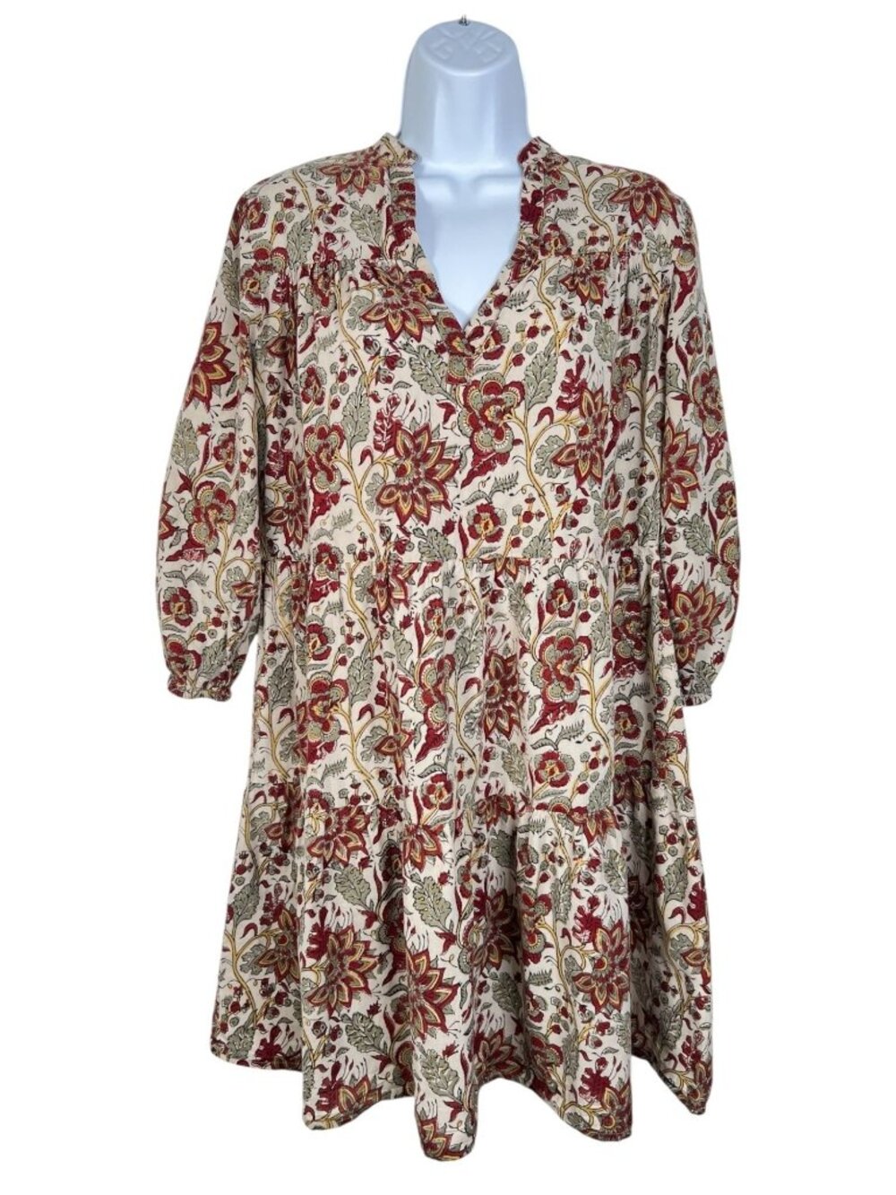 Fitzroy & Willa Floral Block Print Mini Dress Ivory Red Multicolor Floral XS